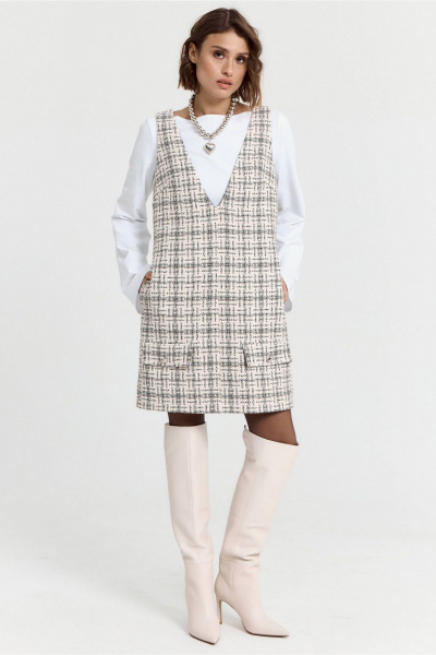 Мини-платье из твидовой ткани с вырезом и карманами ATTIKA A3097-2 бежево-серый_в_клетку - фото 1