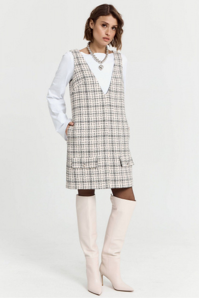 Мини-платье из твидовой ткани с вырезом и карманами ATTIKA A3097-2 бежево-серый_в_клетку - фото 2