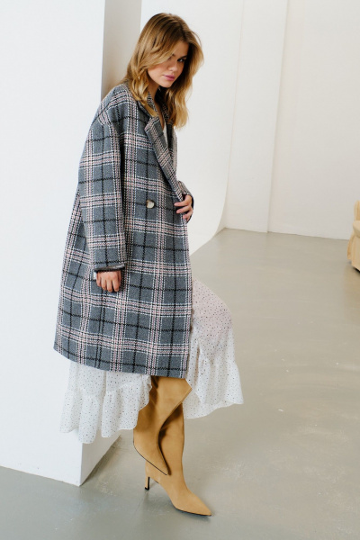 Пальто оверсайз из шерстяной ткани с двубортной застежкой Lokka 1568С серый/черный/белый/клетка - фото 4
