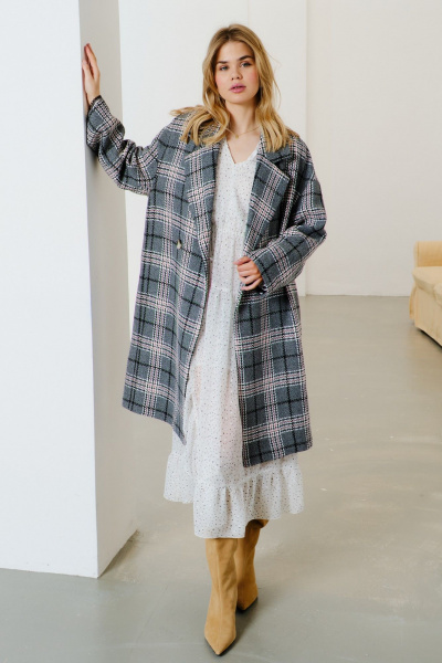 Пальто оверсайз из шерстяной ткани с двубортной застежкой Lokka 1568С серый/черный/белый/клетка - фото 3