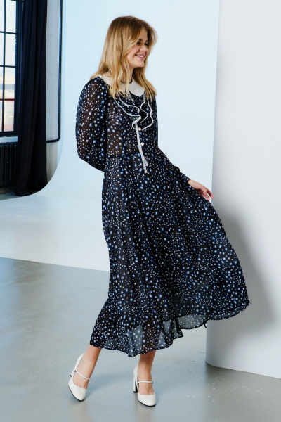 Платье шифоновое полуприлегающее с рюшей и разрезом Lokka 1569 черный/белый_голубой_принт - фото 4