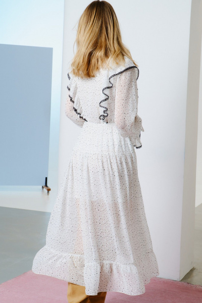 Платье шифоновое миди с кружевами и воланами Lokka 1576 белый/черный_горошек - фото 7