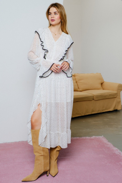 Платье шифоновое миди с кружевами и воланами Lokka 1576 белый/черный_горошек - фото 2