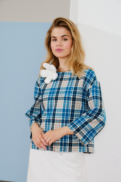 Костюм топ и юбка из текстиля с клетчатым принтом Lokka 1590В белый/бирюзовый_клетка - фото 4