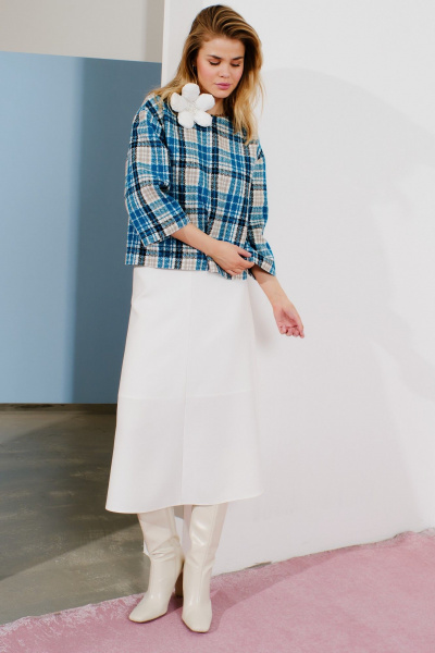 Костюм топ и юбка из текстиля с клетчатым принтом Lokka 1590В белый/бирюзовый_клетка - фото 3