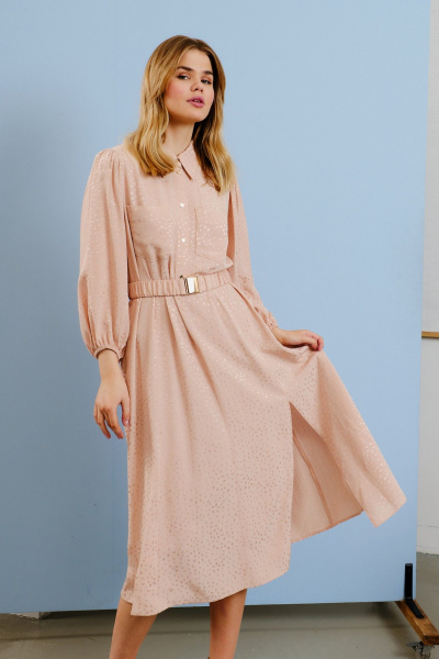 Платье миди с карманами и регулируемой талией из текстиля Lokka 1597 розовый - фото 3