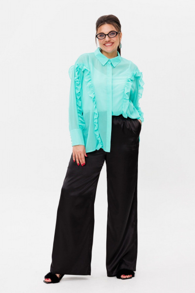 Бирюзовая блуза с рельефами, рюшами и классическим воротником Anelli 1257 тиффани - фото 5