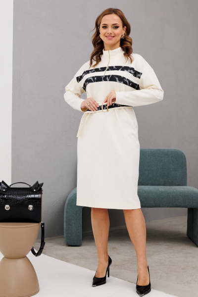 Полуприлегающее платье с разрезом и съемным поясом INVITE 4092 молочный - фото 5