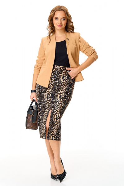 Деловой комплект из жакета, юбки в леопард и футболки T&N 7607 теплый_бежевый,леопард+черный - фото 7