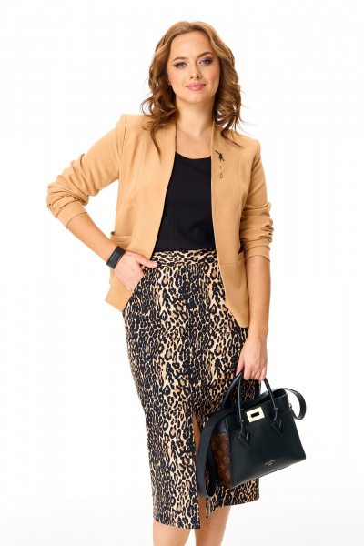 Деловой комплект из жакета, юбки в леопард и футболки T&N 7607 теплый_бежевый,леопард+черный - фото 5