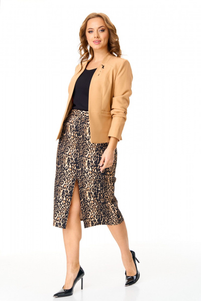 Деловой комплект из жакета, юбки в леопард и футболки T&N 7607 теплый_бежевый,леопард+черный - фото 2