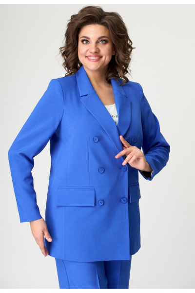 Деловой женский удлиненный жакет из текстильной ткани БелЭльСтиль 848-3_13_22 голубой - фото 3