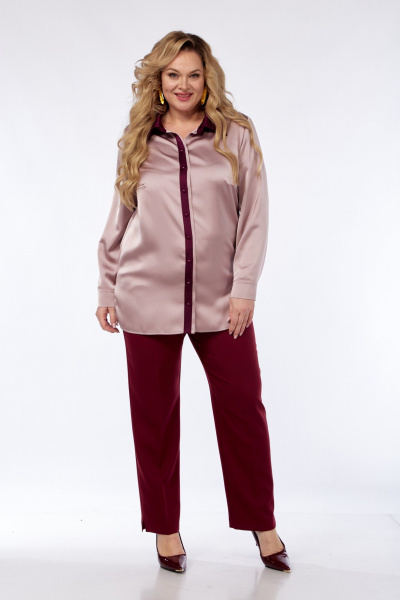 Блуза и брюки с контрастным воротником и заутюженностью Элль-стиль 2365 пыльная_роза_винный - фото 2