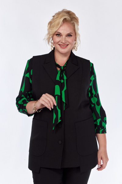 Комплект: блуза, брюки и жилет из вискозы с принтом и карманами Элль-стиль 2361 черный_зеленый_принт - фото 11