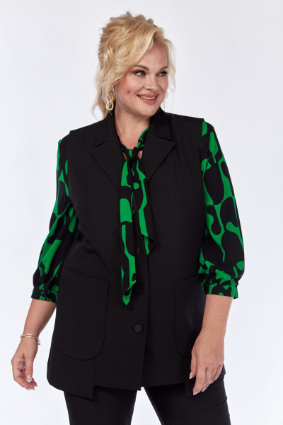Комплект: блуза, брюки и жилет из вискозы с принтом и карманами Элль-стиль 2361 черный_зеленый_принт - фото 10