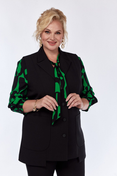 Комплект: блуза, брюки и жилет из вискозы с принтом и карманами Элль-стиль 2361 черный_зеленый_принт - фото 8