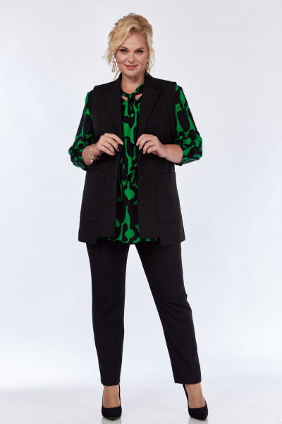 Комплект: блуза, брюки и жилет из вискозы с принтом и карманами Элль-стиль 2361 черный_зеленый_принт - фото 1