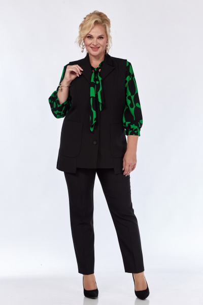 Комплект: блуза, брюки и жилет из вискозы с принтом и карманами Элль-стиль 2361 черный_зеленый_принт - фото 7