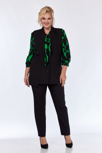Комплект: блуза, брюки и жилет из вискозы с принтом и карманами Элль-стиль 2361 черный_зеленый_принт - фото 6