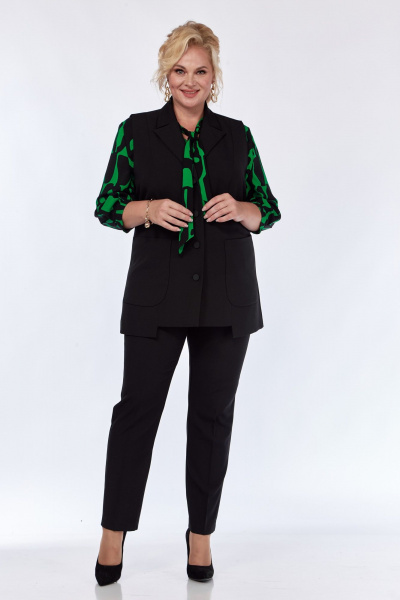 Комплект: блуза, брюки и жилет из вискозы с принтом и карманами Элль-стиль 2361 черный_зеленый_принт - фото 5
