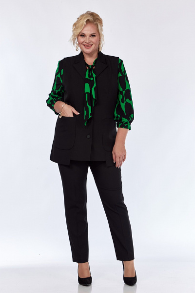 Комплект: блуза, брюки и жилет из вискозы с принтом и карманами Элль-стиль 2361 черный_зеленый_принт - фото 2