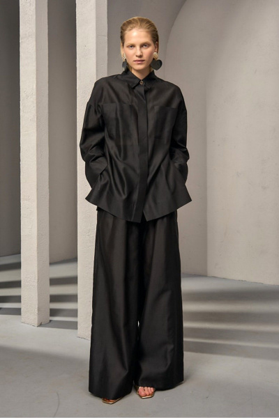 Деловая удлиненная блуза из шелка и хлопка с карманами DEVITA 6008-2 черный - фото 7