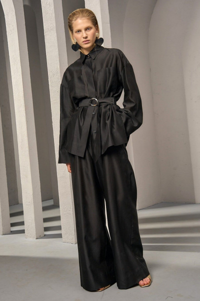 Деловая удлиненная блуза из шелка и хлопка с карманами DEVITA 6008-2 черный - фото 10