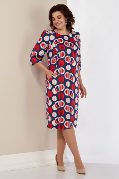 Демисезонное синее платье с кокетками и разрезом из трикотажа Магия Стиля М-5752 круги - фото 1
