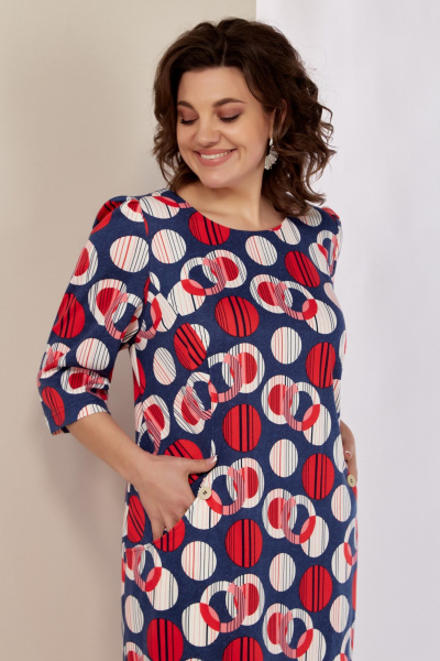 Демисезонное синее платье с кокетками и разрезом из трикотажа Магия Стиля М-5752 круги - фото 3