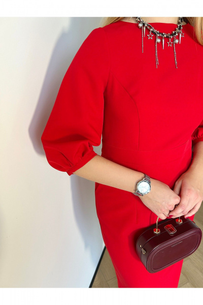 Приталенное платье ниже колена с рукавами-фонариками LIZET 520 красный - фото 3