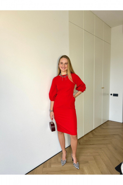 Приталенное платье ниже колена с рукавами-фонариками LIZET 520 красный - фото 1