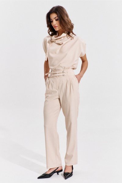 Блуза и брюки бежевый костюм с вытачками и складками RINKA 1353 - фото 14