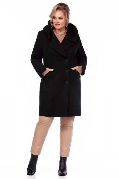 Черное демисезонное пальто с капюшоном из пальтовой ткани LaKona 11681 черный - фото 1