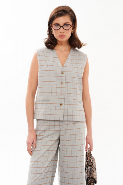 Жилет в клетку полуприлегающий демисезонный из текстиля Панда 198637w серый - фото 2