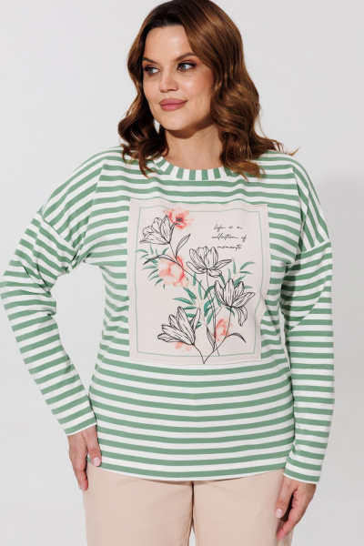 Зеленый джемпер с флористической печатью и светлой полоской BRELA 2326.6 зеленый-молоко - фото 1