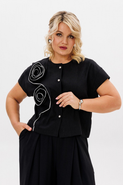 Демисезонный комплект блузка и широкие брюки из вискозы и льна LM К5020 черный - фото 13