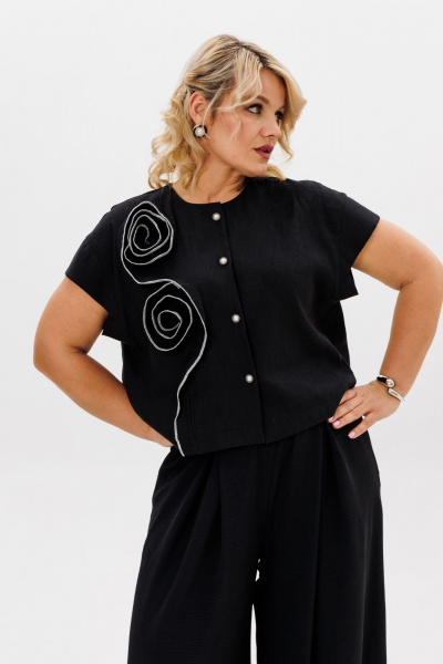 Демисезонный комплект блузка и широкие брюки из вискозы и льна LM К5020 черный - фото 11