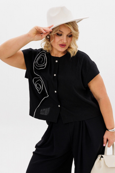 Демисезонный комплект блузка и широкие брюки из вискозы и льна LM К5020 черный - фото 6