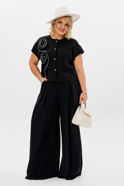 Демисезонный комплект блузка и широкие брюки из вискозы и льна LM К5020 черный - фото 5