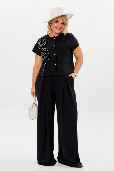 Демисезонный комплект блузка и широкие брюки из вискозы и льна LM К5020 черный - фото 3