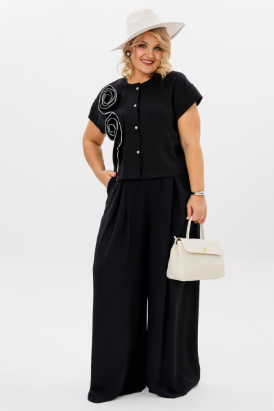 Демисезонный комплект блузка и широкие брюки из вискозы и льна LM К5020 черный - фото 2