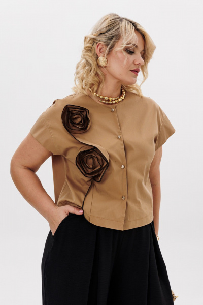 Комплект блуза с цветочным декором и брючный костюм LM К5020 черный_песок - фото 6