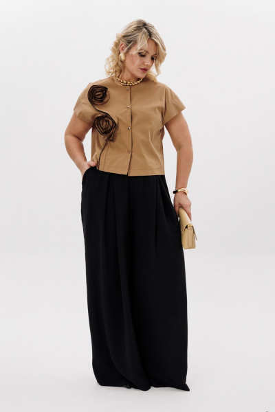 Комплект блуза с цветочным декором и брючный костюм LM К5020 черный_песок - фото 4