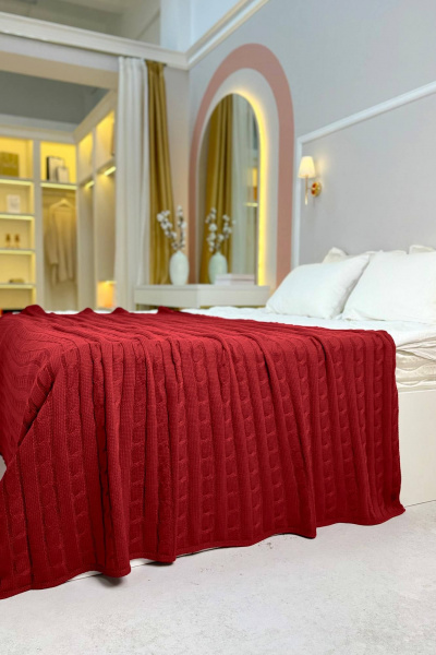 Плед вязаное объемное косы для дома и отдыха Romgil РВ0068-ШЕ6 глубокий_красный - фото 1