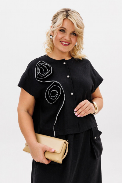 Двухпредметный комплект блузки и юбки трапеции из вискозы и льна LM К5021 черный - фото 9