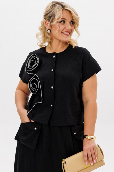 Двухпредметный комплект блузки и юбки трапеции из вискозы и льна LM К5021 черный - фото 8