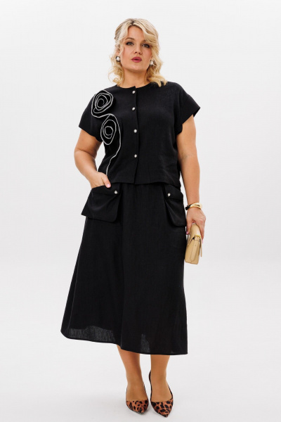 Двухпредметный комплект блузки и юбки трапеции из вискозы и льна LM К5021 черный - фото 6