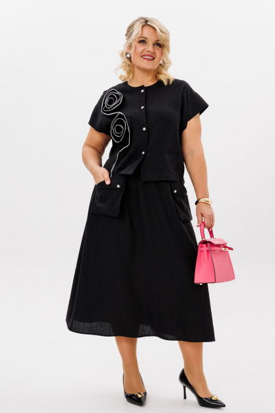 Двухпредметный комплект блузки и юбки трапеции из вискозы и льна LM К5021 черный - фото 2