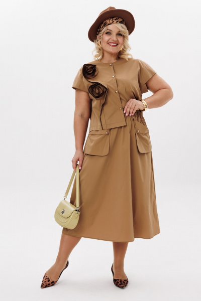 Комплект блузки с короткими рукавами и юбки трапеции из хлопка LM К5021 песочный - фото 4