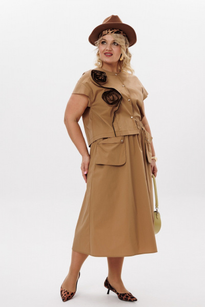 Комплект блузки с короткими рукавами и юбки трапеции из хлопка LM К5021 песочный - фото 2